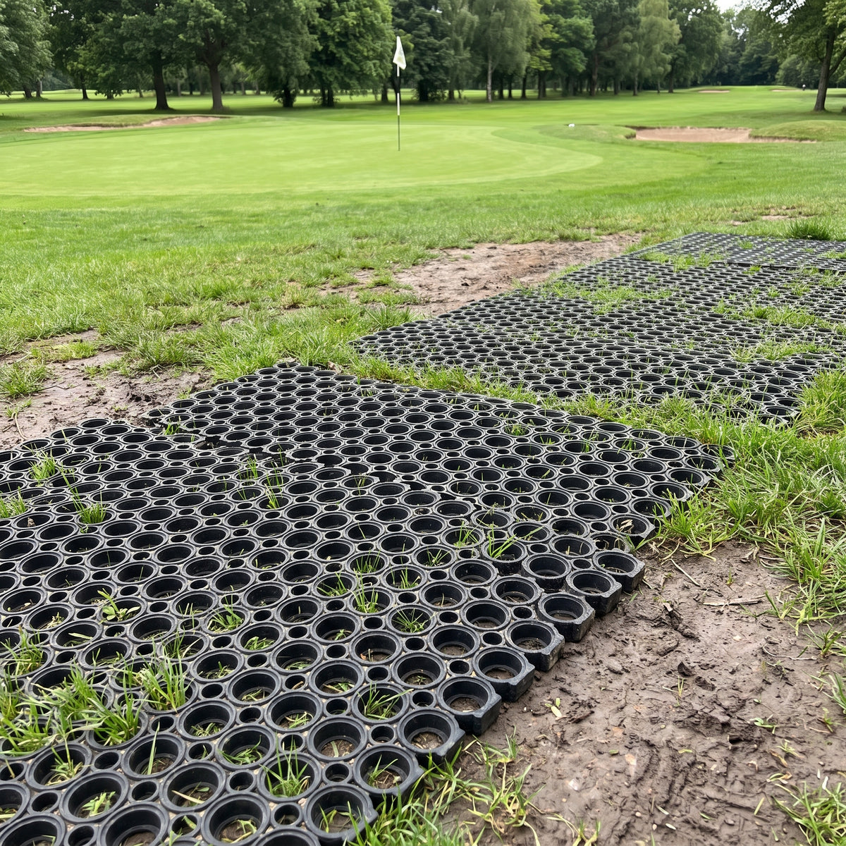 Rubber grass mats laid on a worn walkway between a golf green and the next tee