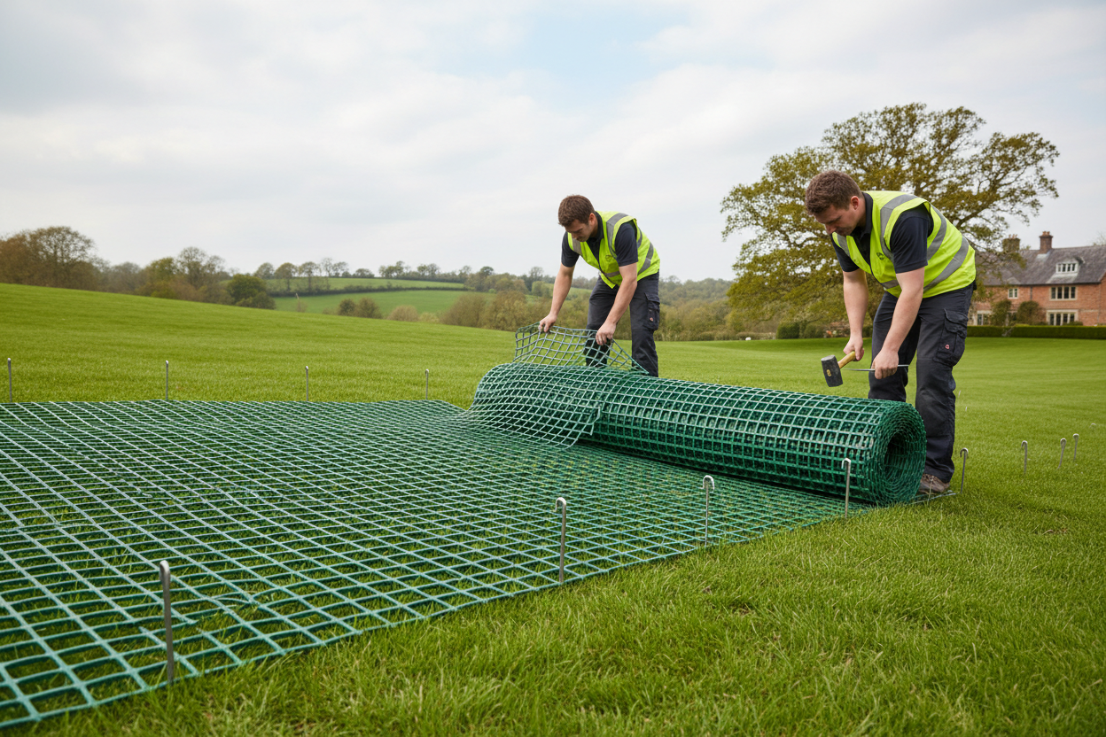 Grass reinforcement mesh installation process