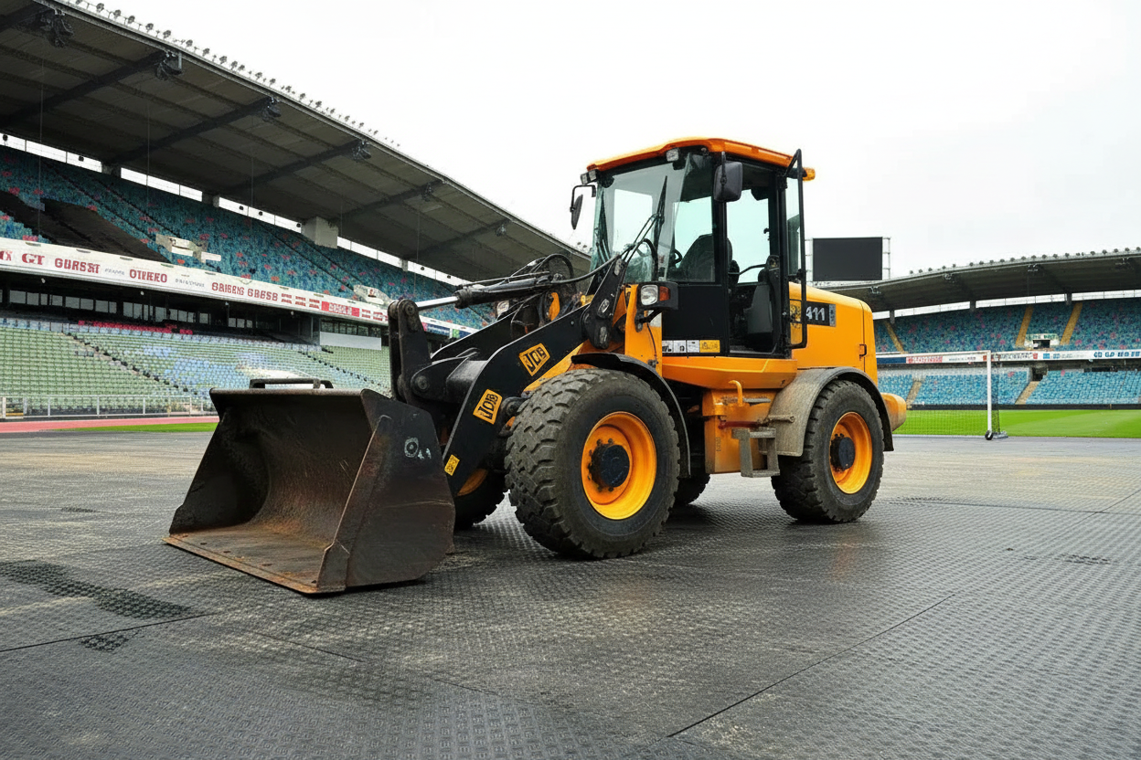 TurfGuard Pro ground protection mats supporting heavy equipment on sports field
