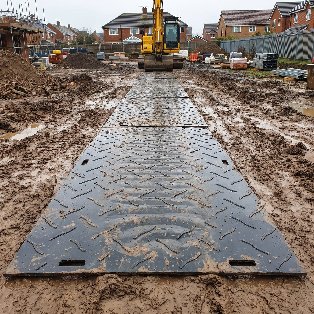 Heavy duty ground protection mats forming a trackway for an excavator on a construction site