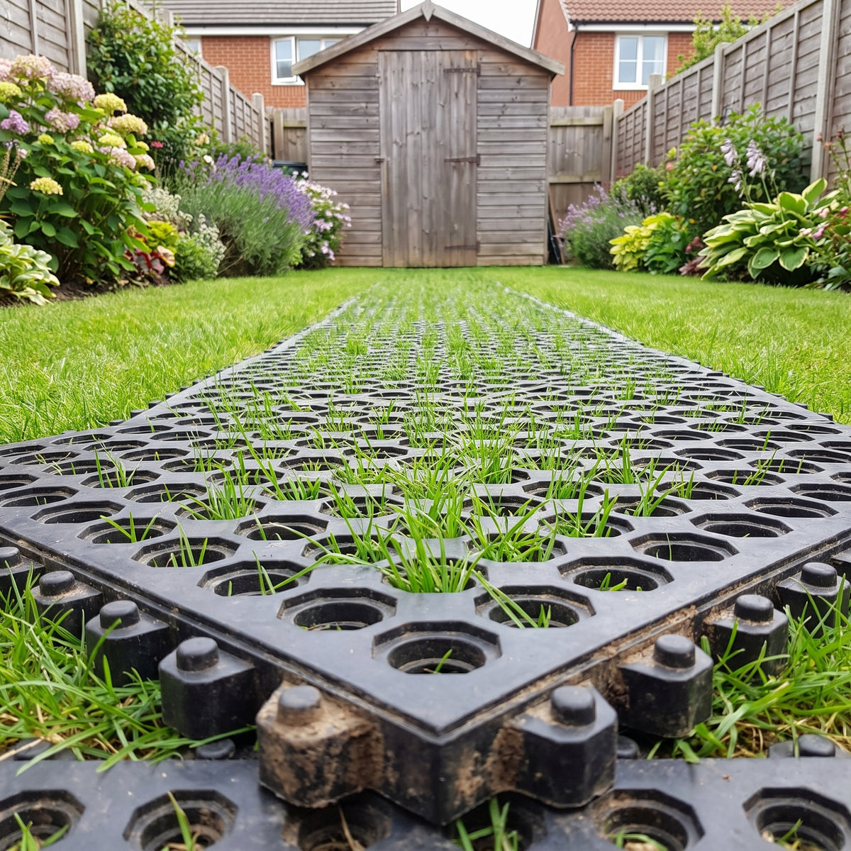Interlocking rubber grass mats forming a path across a back garden lawn to a shed
