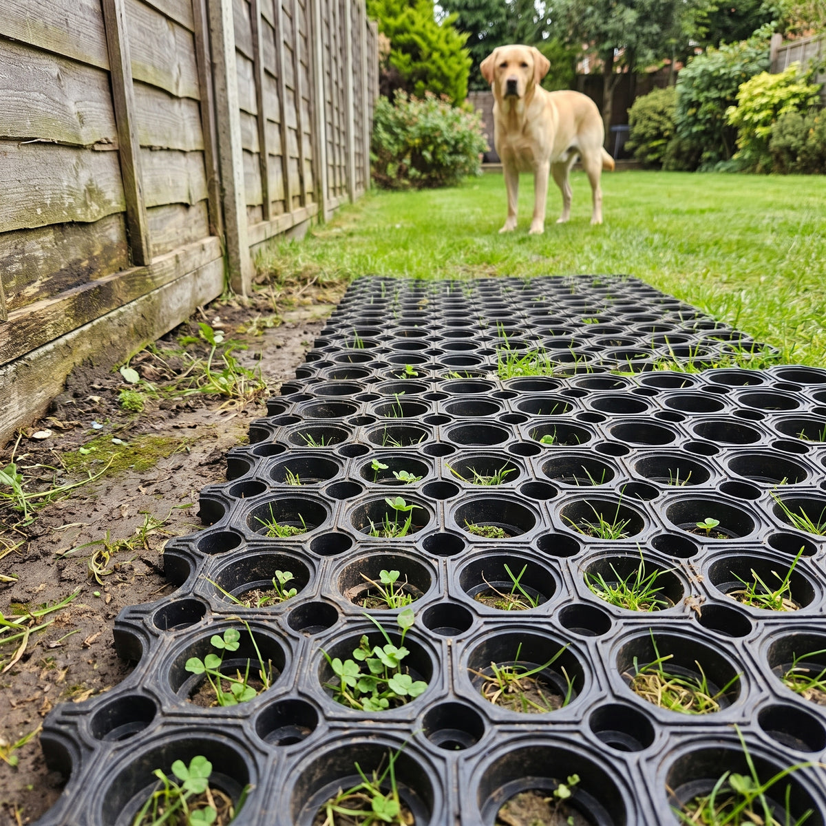Rubber grass mats protecting a worn strip of lawn by a garden fence, with a Labrador on the lawn