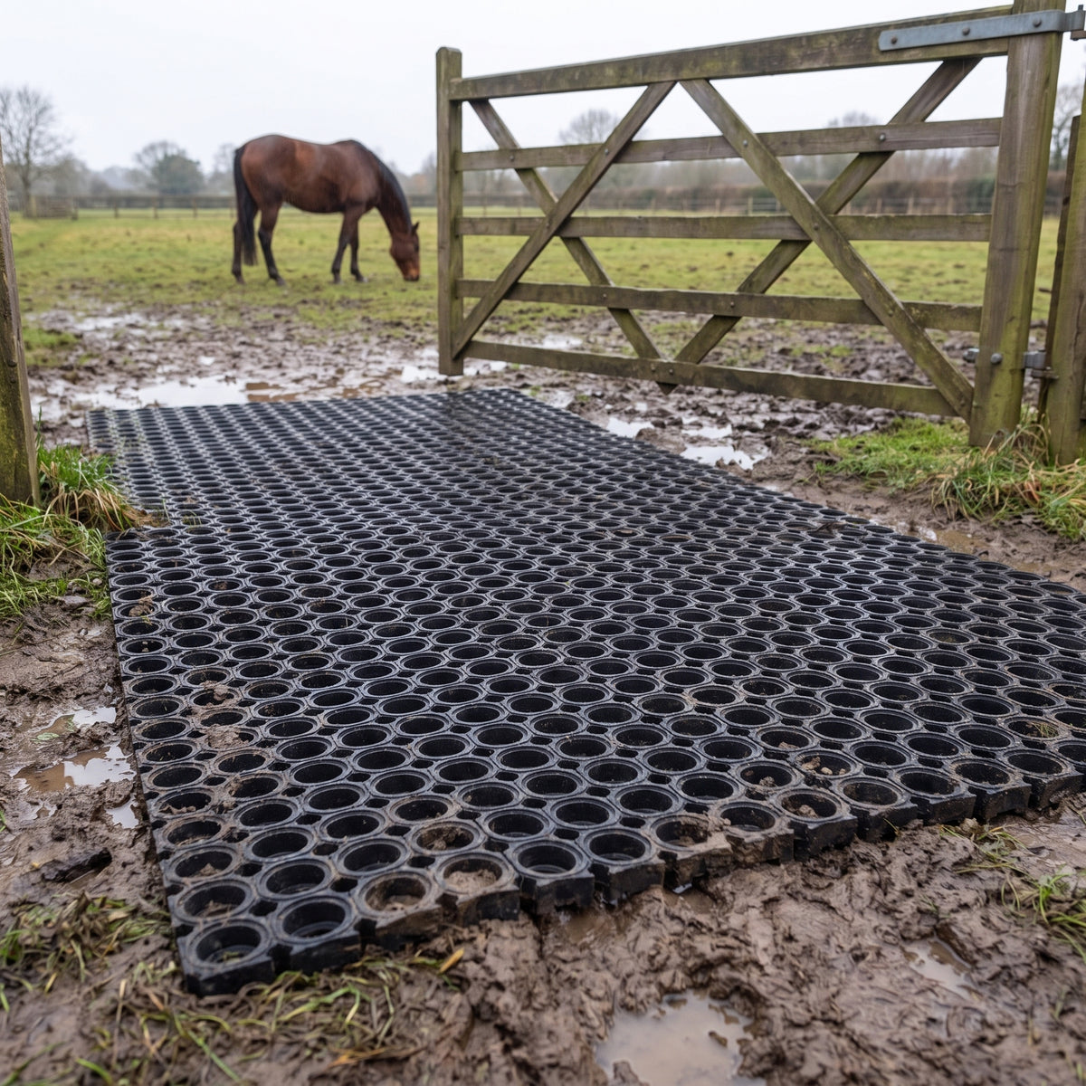 Rubber grass mats laid in a muddy horse field gateway beside a wooden five-bar gate