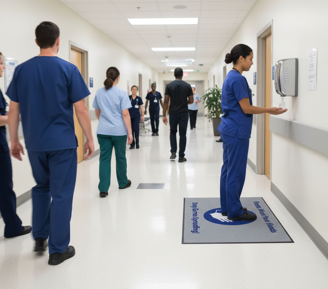 Premium Wash Your Hands Logo Mat - Durable, Stain Resistant, High Absorbency with Nitrile Rubber Backing for Hygiene Promotion