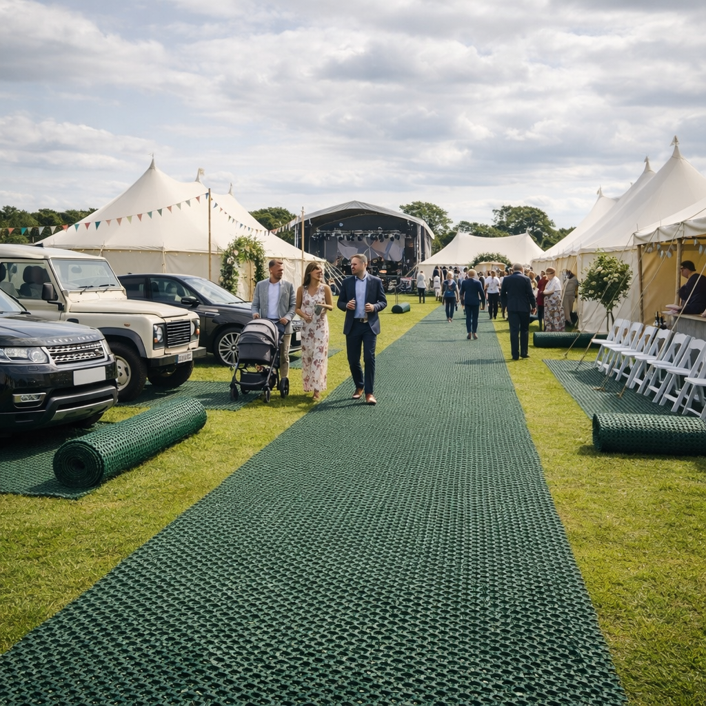Green grass protection mesh used for walkways and parking at an outdoor event