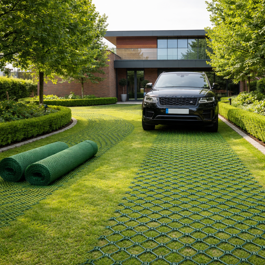 Grass driveway reinforced with green turf mesh, with 2m x 25m rolls ready to lay