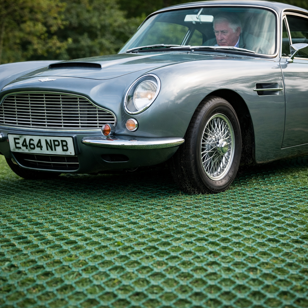 Car driving on green heavy duty turf reinforcement mesh laid over a grass lawn