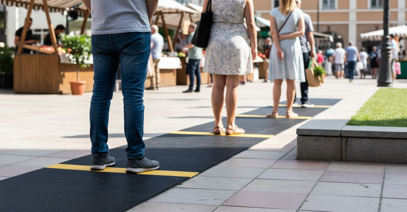 Premium Outdoor Social Distancing Queuing Mat with High Visibility Lines and Flow-Through Design for Hygiene Compliance