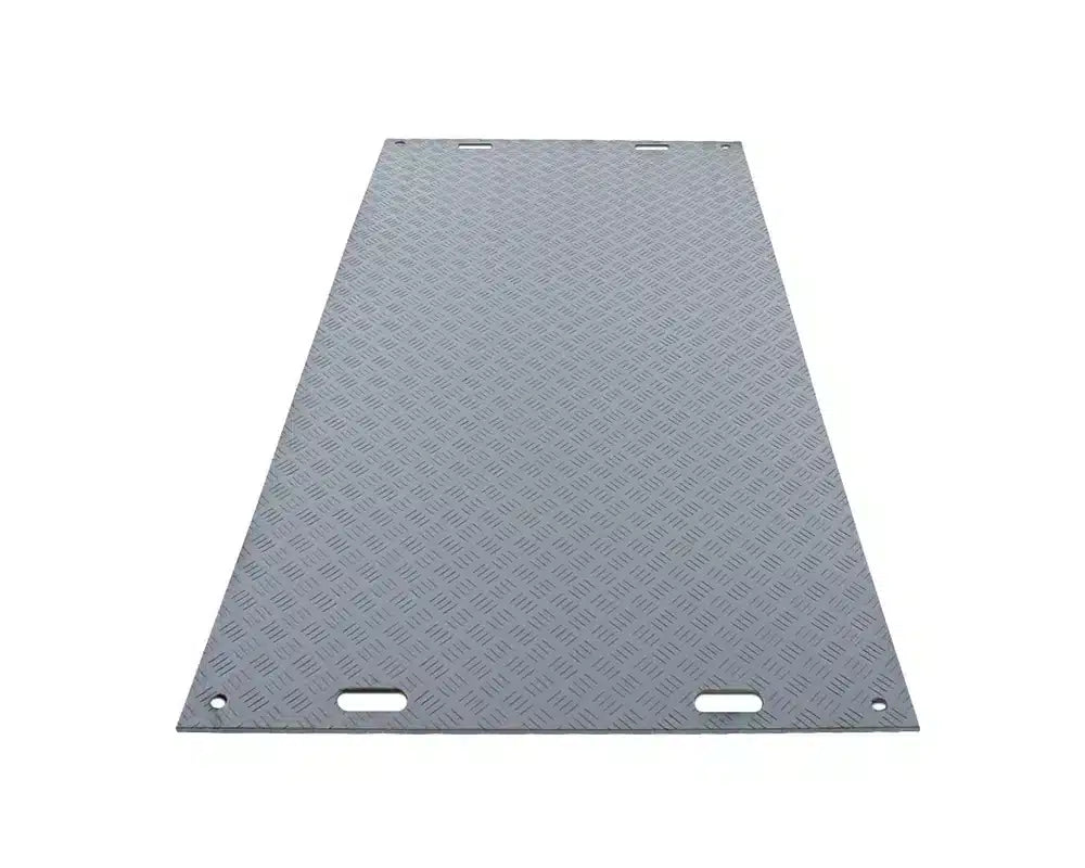 8ft x 4ft grey ground protection mat with diamond grip tread, handholes and corner connection holes