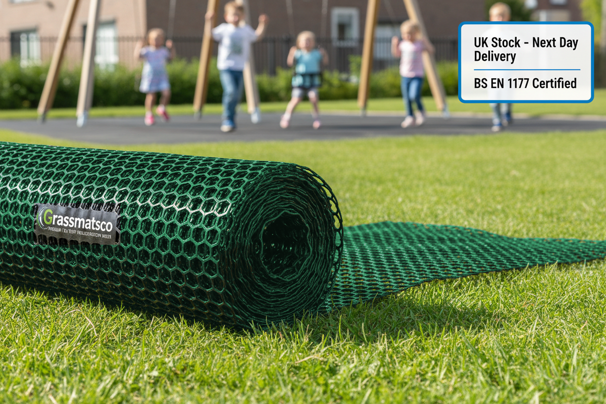 Roll of turf reinforcement mesh on grass beside a children's playground