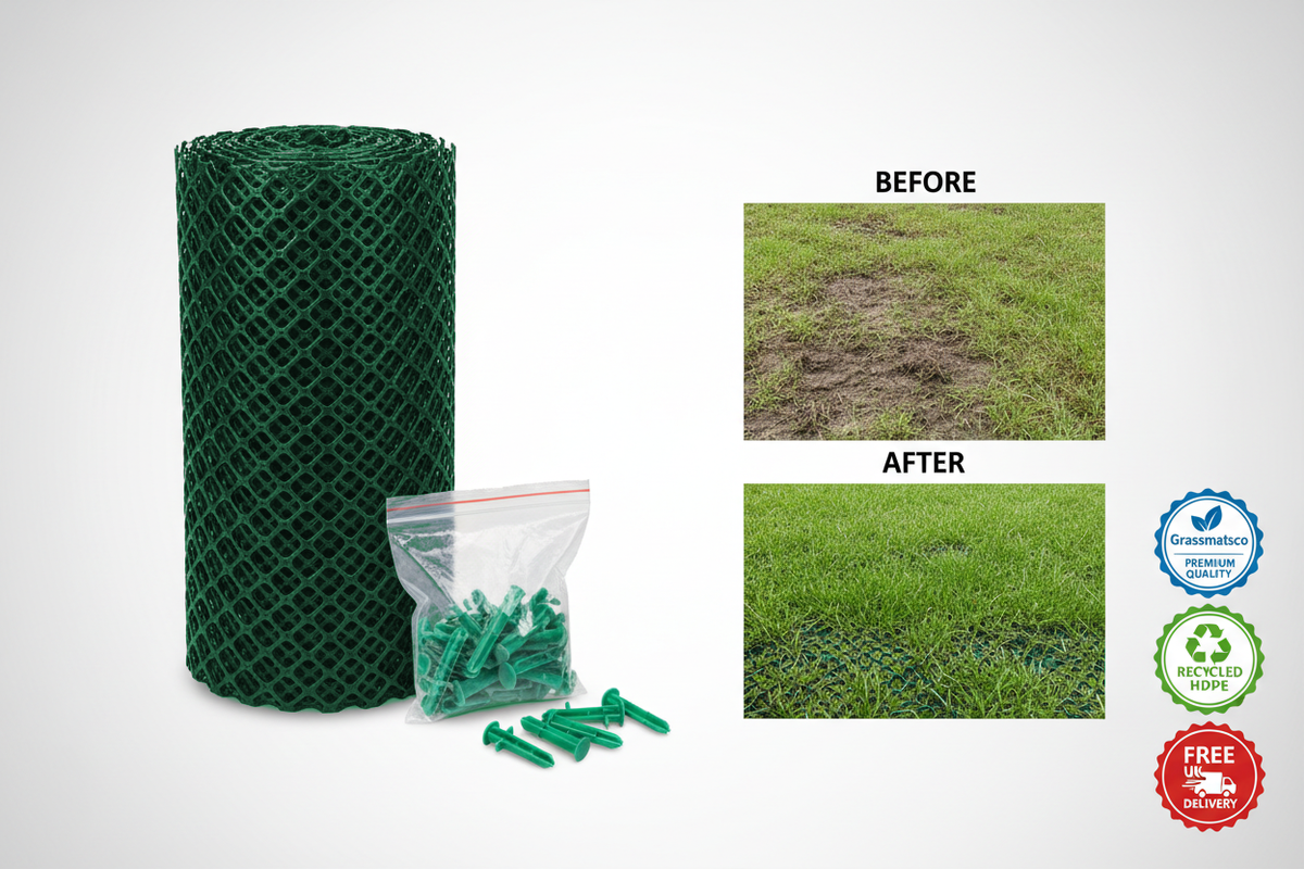 Turf reinforcement mesh roll with anchor pegs, and worn grass before and after fitting