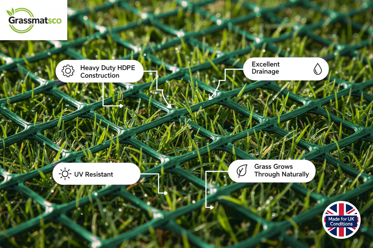 Close-up of turf reinforcement mesh with grass growing through the open cells