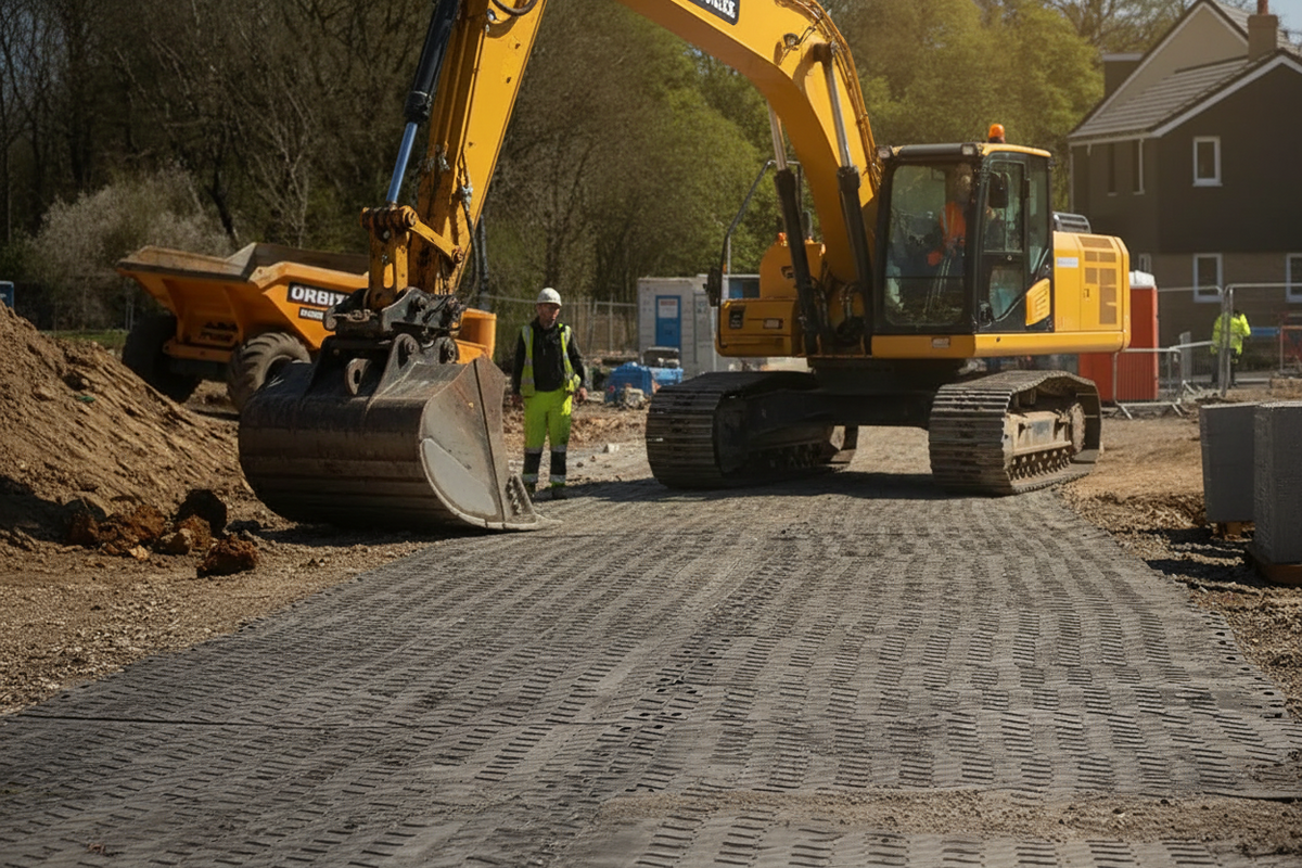Heavy duty ground protection mats used as a temporary access road for an excavator on a construction site