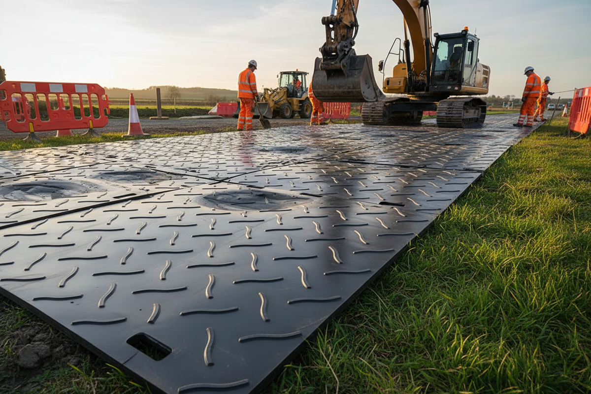 Heavy duty ground protection mats supporting a tracked excavator on a utilities project