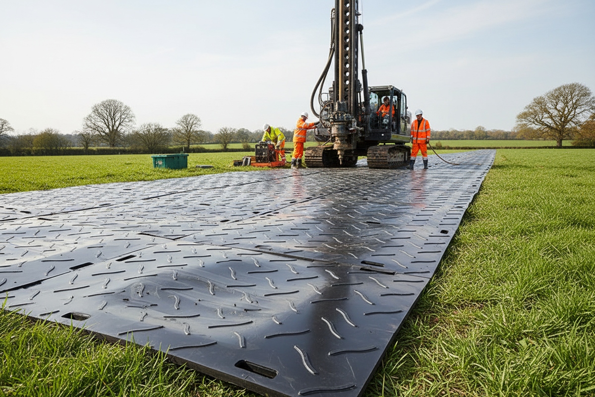 Heavy duty trackway mats laid on farmland as a working platform during utilities work