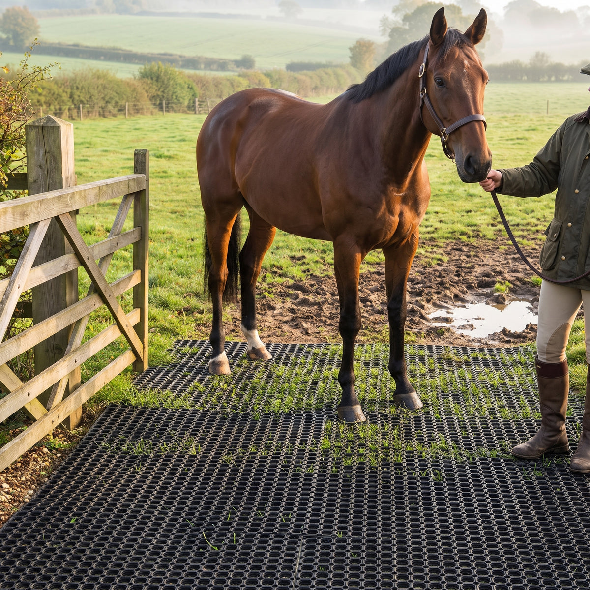 Bay horse standing on black 23mm rubber grass mats laid in a field gateway beside an open wooden five-bar gate, with grass growing through the mats and churned mud beyond