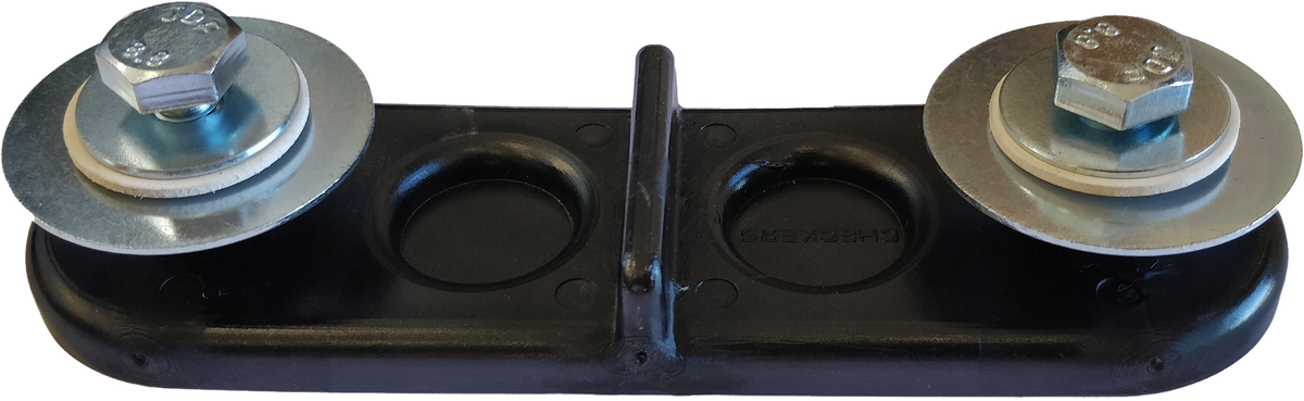 2-way ground protection mat connector with bolts and washers for joining two mats in a line