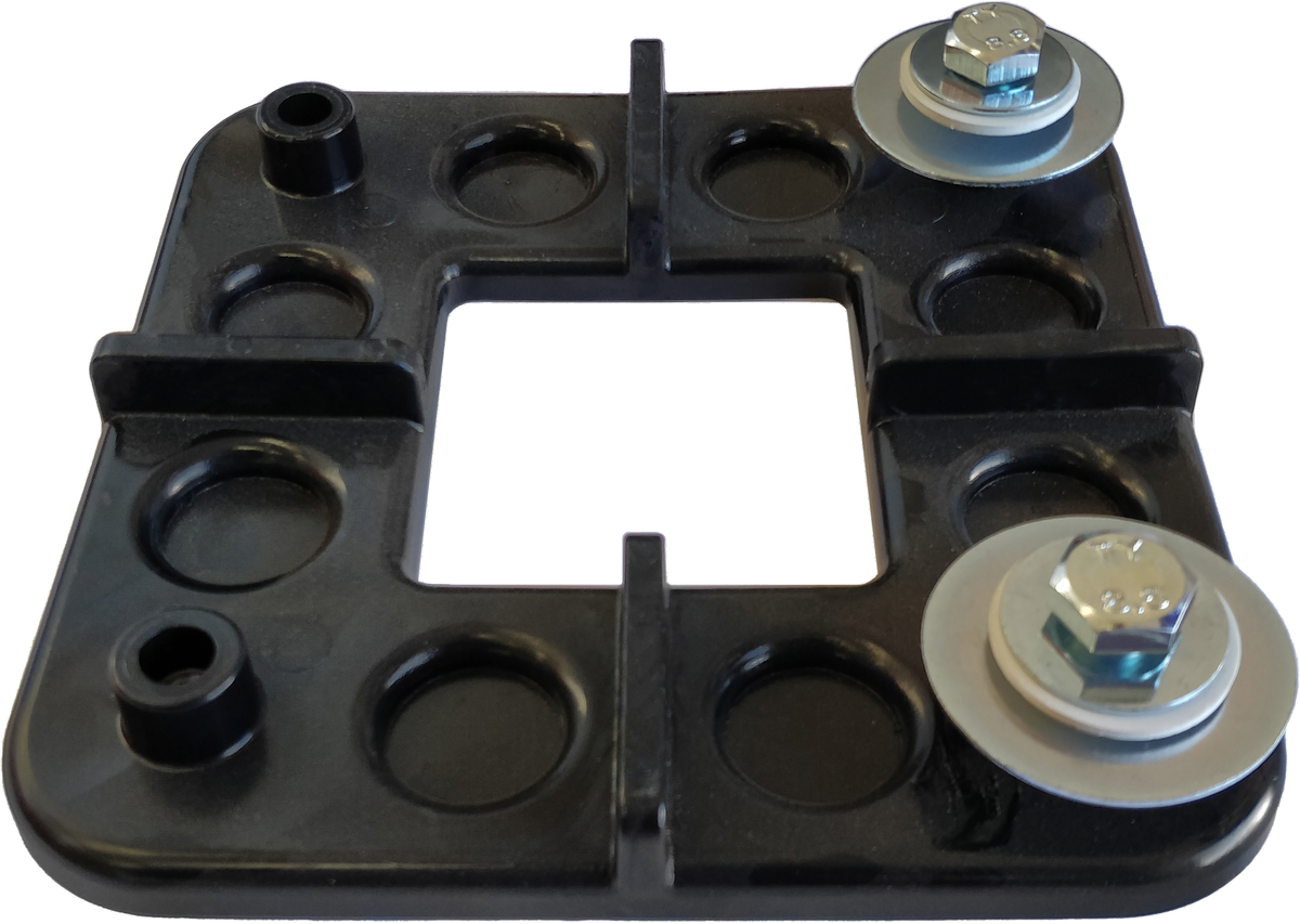 4-way ground protection mat connector with bolts and washers for joining four mat corners