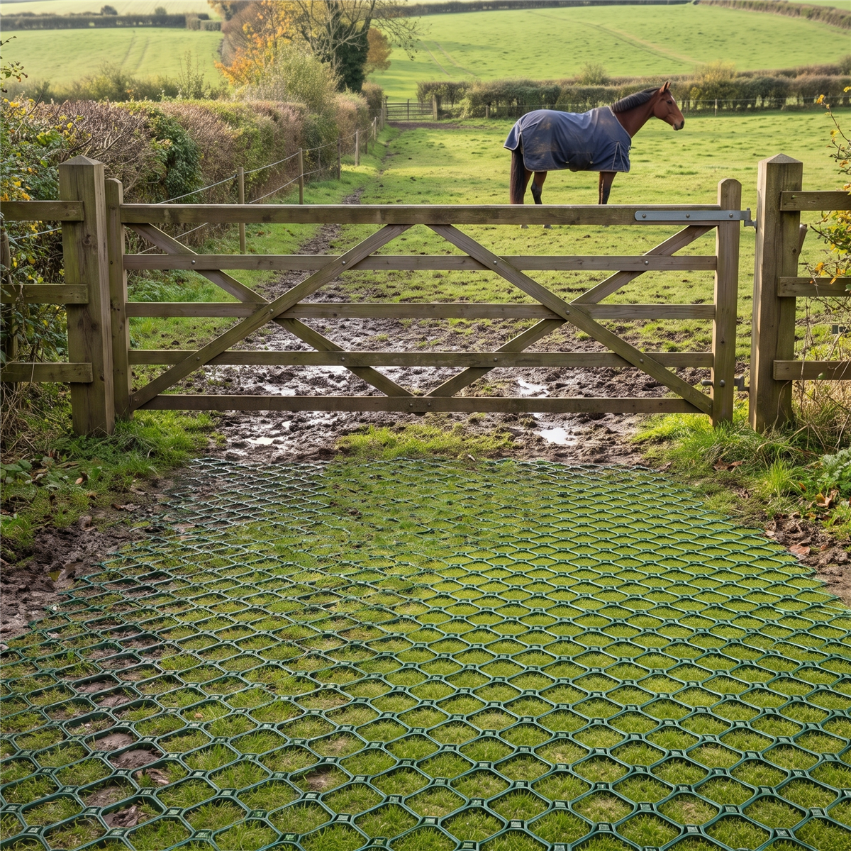 Field gateway reinforced with green turf reinforcement mesh, staying mud-free where horses and vehicles pass