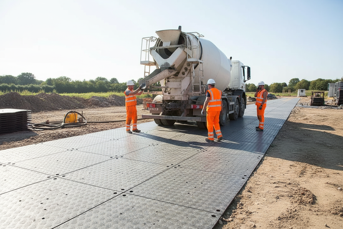 Ground protection mats laid as a temporary access route on a construction site