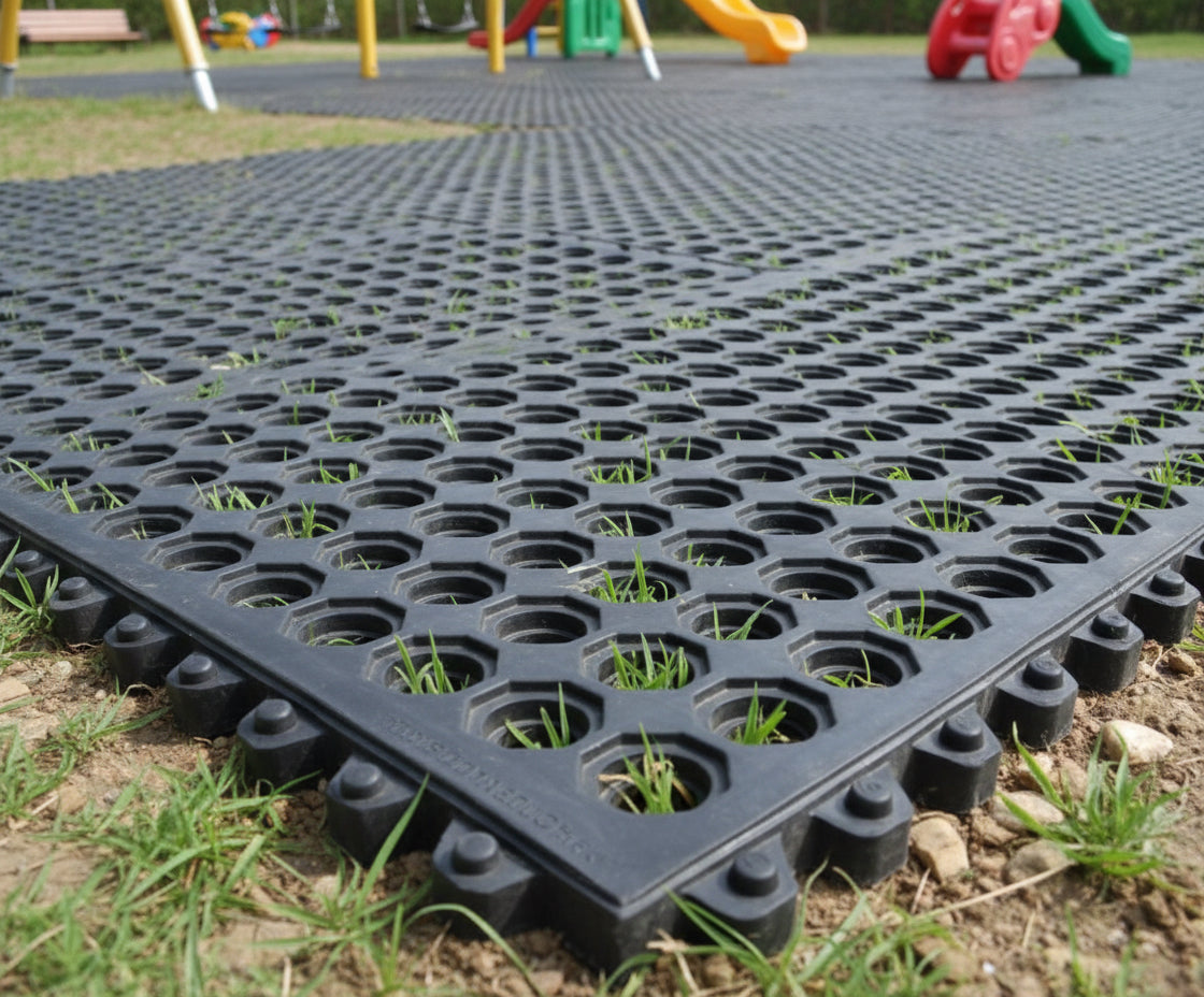 Interlocking rubber grass mats 910mm x 910mm x 16mm laid on a lawn, with grass growing up through the open holes